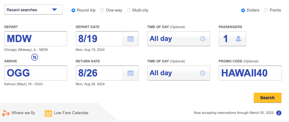 Screenshot of Southwest flight search with Hawaii promo code